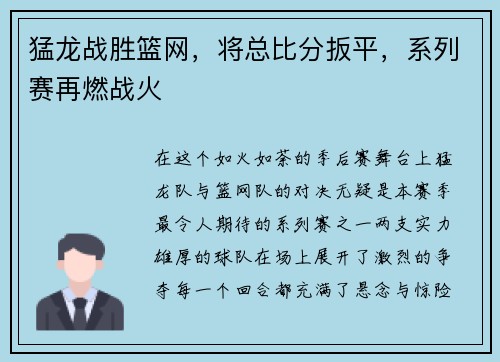 猛龙战胜篮网，将总比分扳平，系列赛再燃战火